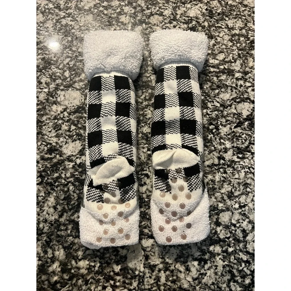 Panda Bear Buffalo Plaid Sherpa Lined Non-Slip Slipper Socks Black White